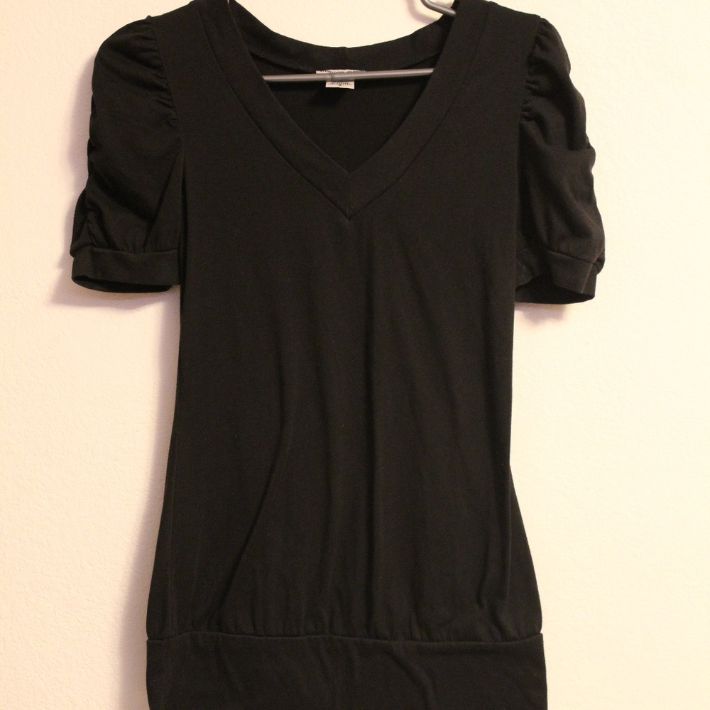 American Dream Black Vneck Rouched Sleeve Blouse